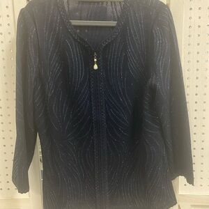 Elegant Rhinestone Studded Navy Blue Zip Jacket